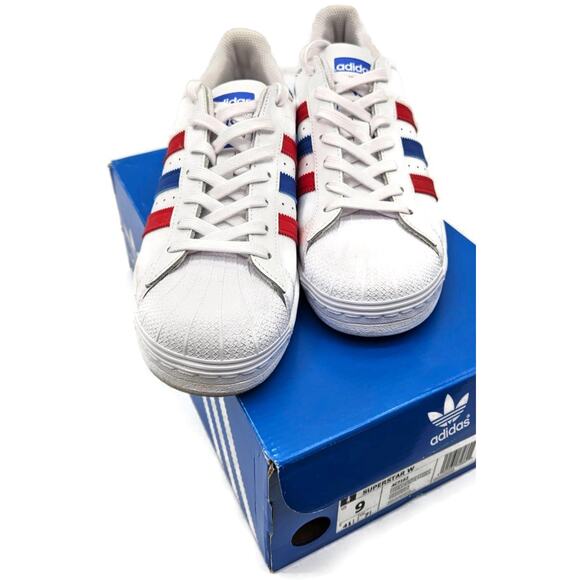 Adidas Superstar White Red Blue Stripe Shoes Ladies Size 9 Shell Toe AC7162 - Picture 9 of 16